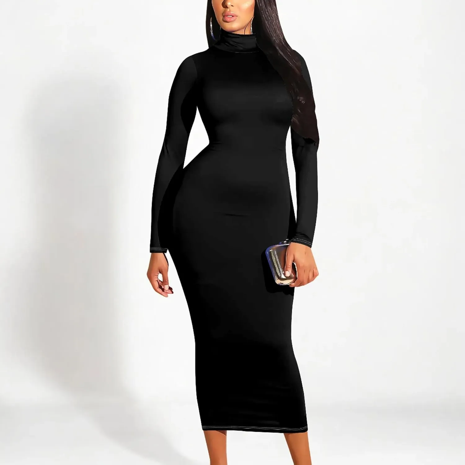 Plus Size Dresses for Curvy Women Sexy Tight Long Sleeve Party Bodycon Midi Dress Casual Elegant Basic Pencil Cocktail Dress
