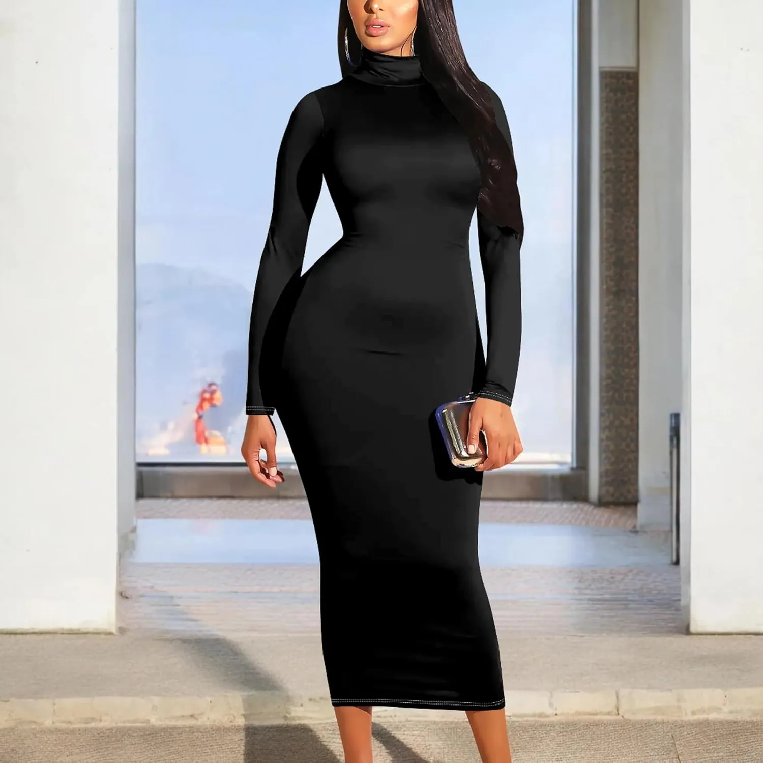 Plus Size Dresses for Curvy Women Sexy Tight Long Sleeve Party Bodycon Midi Dress Casual Elegant Basic Pencil Cocktail Dress