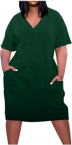 Plus Size Dresses for Curvy Womens 2024 Trendy Summer Casual V Neck Short Sleeve Daily Tshirt Midi Dress with Pocket