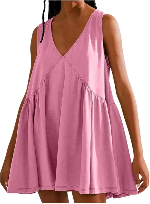 Plus Size Mini Dress for Women Sleeveless Sundress Casual Summer V Neck Dresses Loose Fit Trendy Tops
