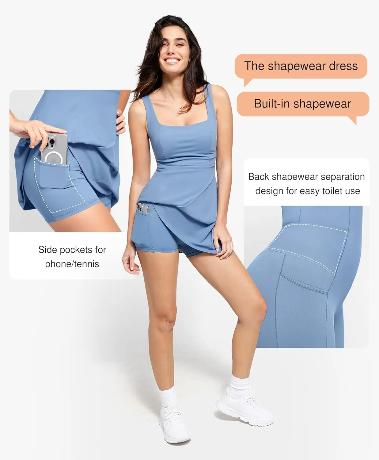 Popilush Shapewear Tennis Dress Athletic Dress for Women Summer Mini Dress with Slit Square Neck Golf Dress Romper