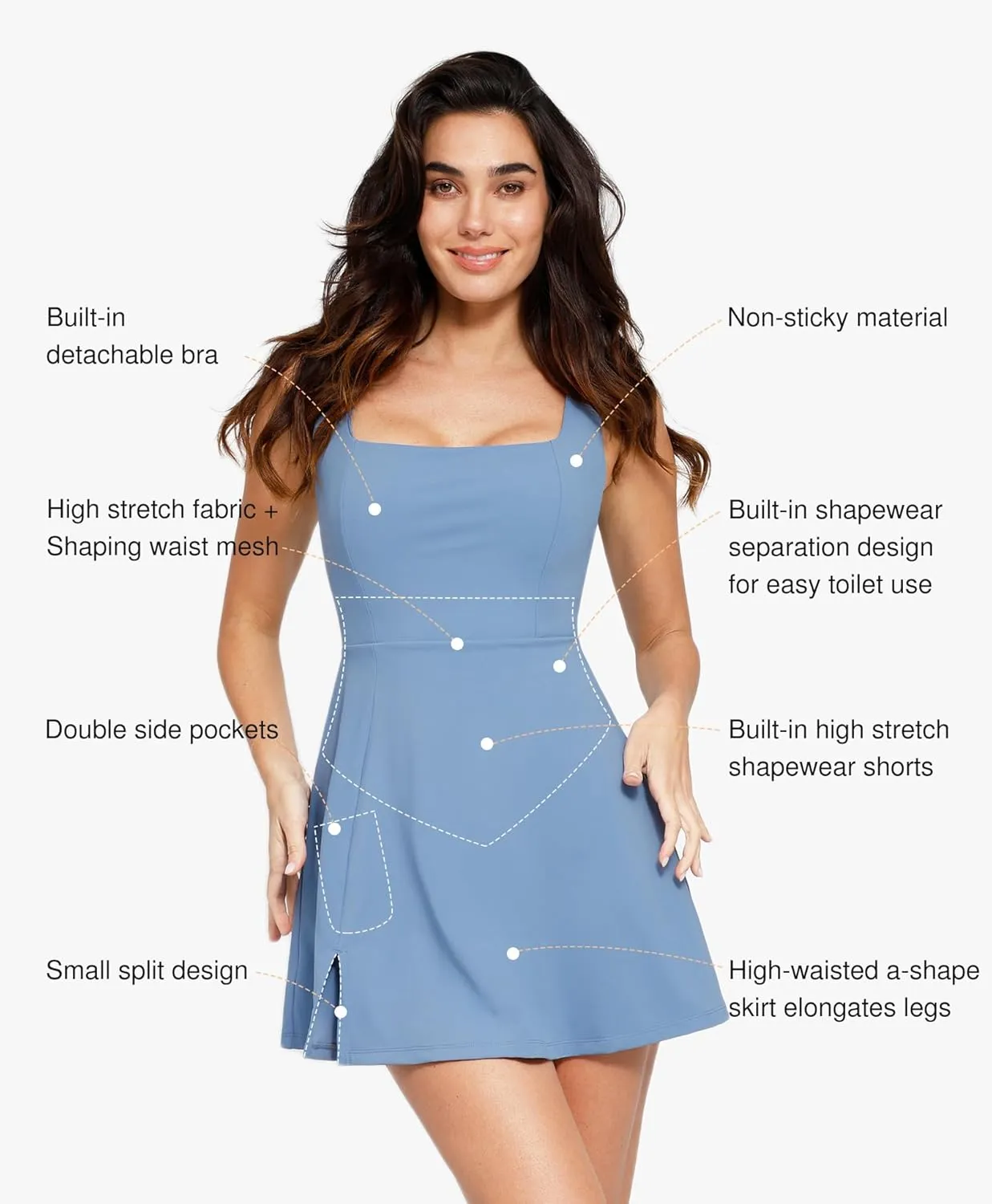 Popilush Shapewear Tennis Dress Athletic Dress for Women Summer Mini Dress with Slit Square Neck Golf Dress Romper