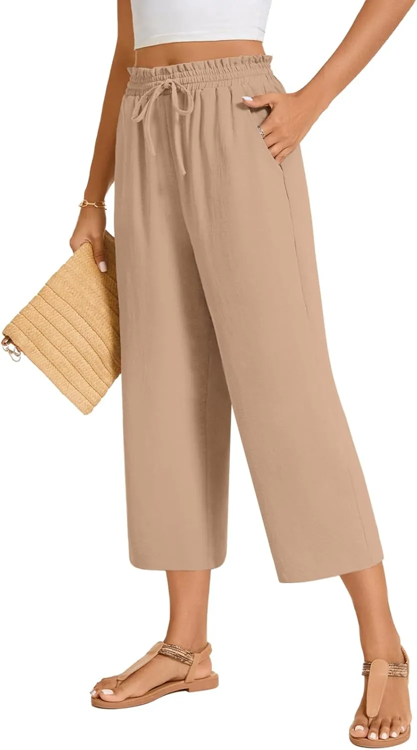 POPYOUNG Womens 3/4 Pants High Waisted Wide Leg Lounge Pants Drawstring Causal Palazzo Pants Trousers with Pockets