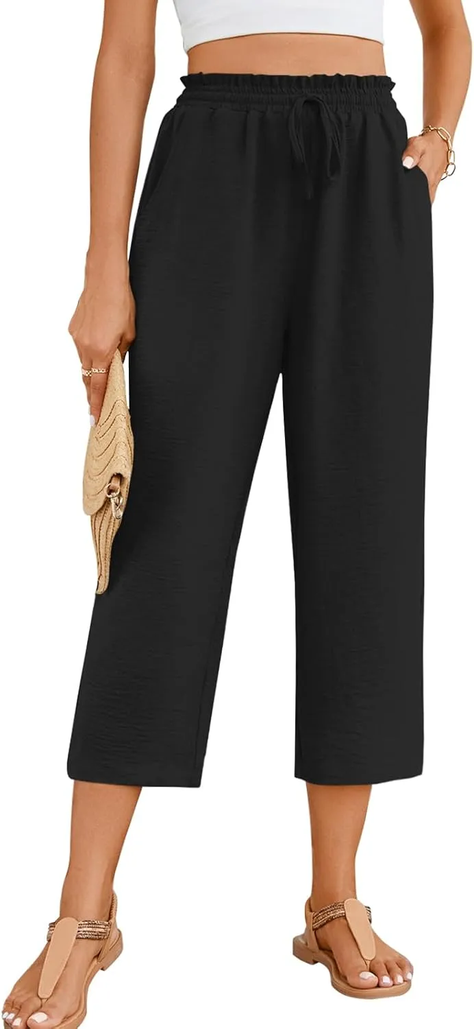 POPYOUNG Womens 3/4 Pants High Waisted Wide Leg Lounge Pants Drawstring Causal Palazzo Pants Trousers with Pockets