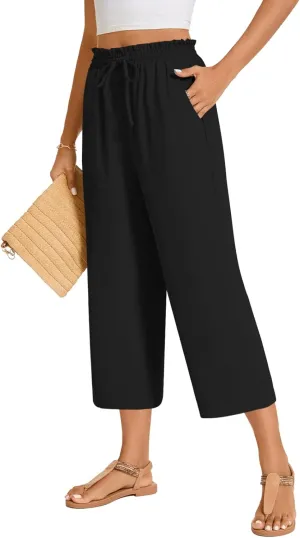 POPYOUNG Womens 3/4 Pants High Waisted Wide Leg Lounge Pants Drawstring Causal Palazzo Pants Trousers with Pockets