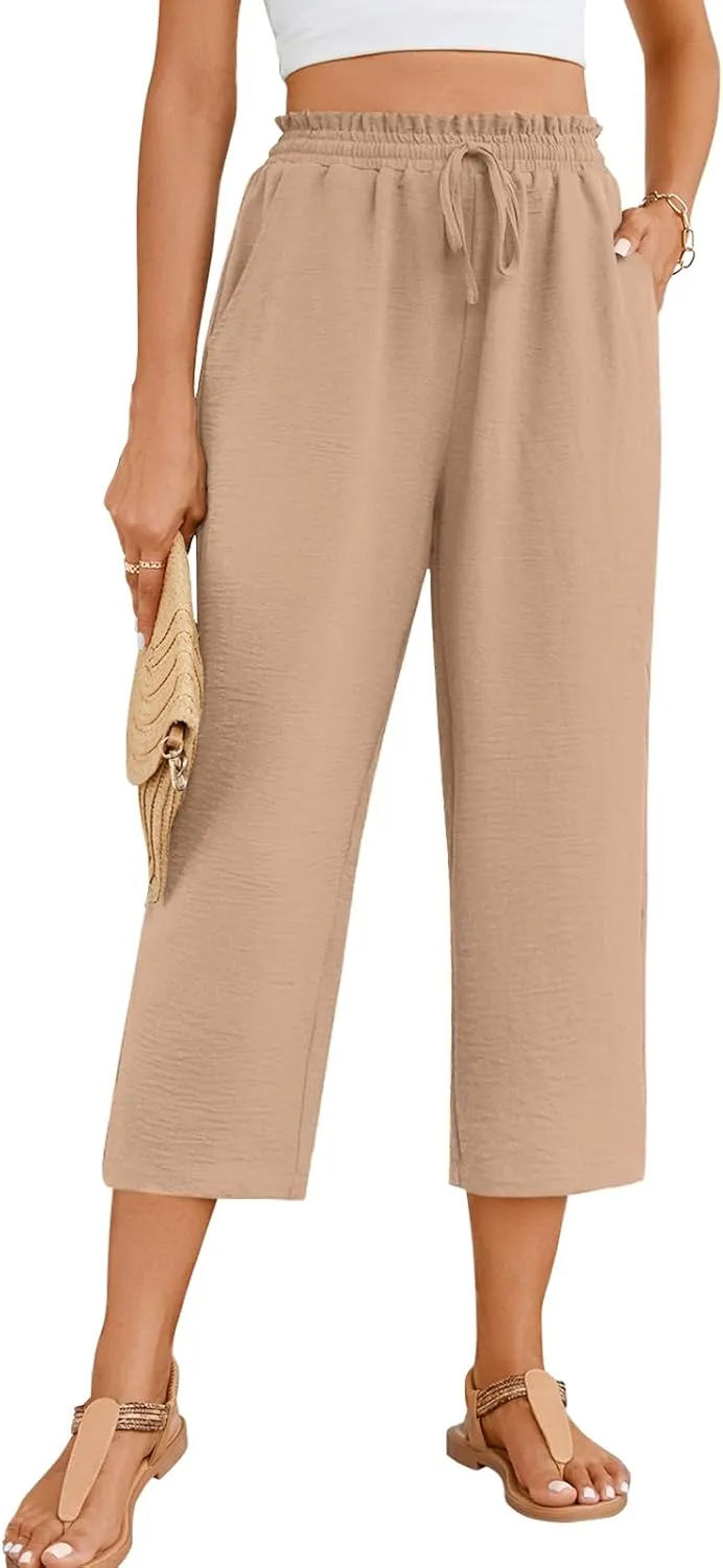 POPYOUNG Womens 3/4 Pants High Waisted Wide Leg Lounge Pants Drawstring Causal Palazzo Pants Trousers with Pockets