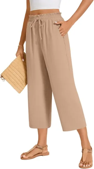 POPYOUNG Womens 3/4 Pants High Waisted Wide Leg Lounge Pants Drawstring Causal Palazzo Pants Trousers with Pockets