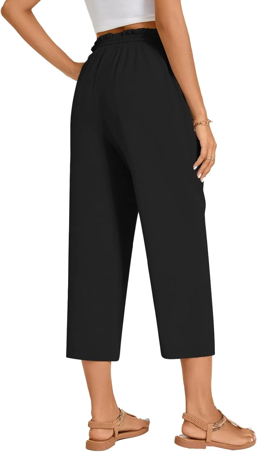 POPYOUNG Womens 3/4 Pants High Waisted Wide Leg Lounge Pants Drawstring Causal Palazzo Pants Trousers with Pockets