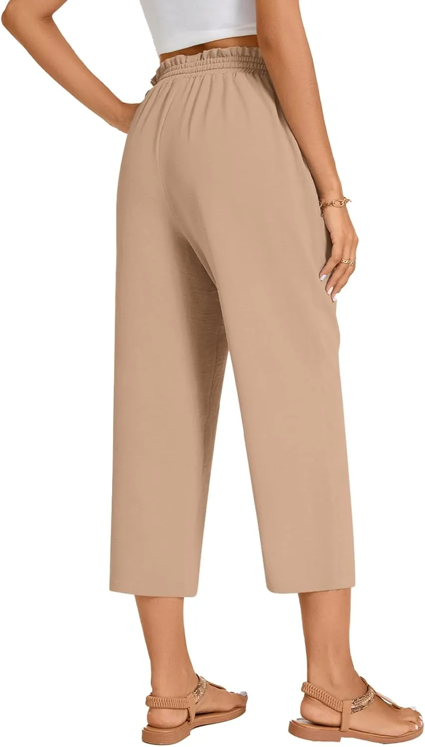 POPYOUNG Womens 3/4 Pants High Waisted Wide Leg Lounge Pants Drawstring Causal Palazzo Pants Trousers with Pockets