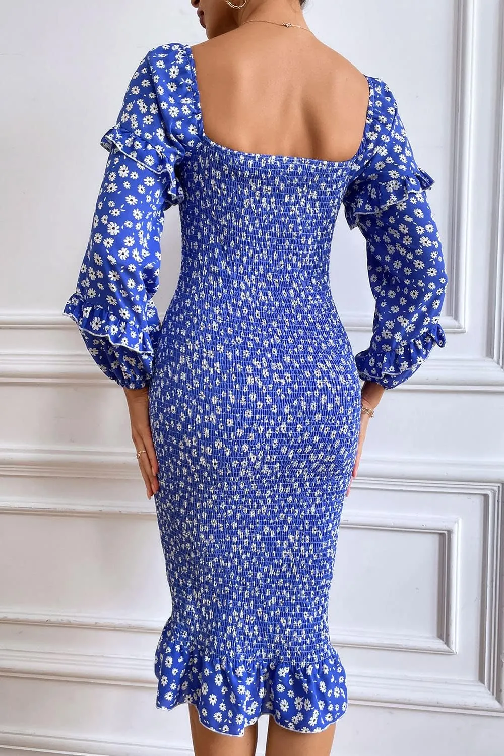 PRETTYGARDEN Women's Long Puff Sleeve Floral Midi Bodycon Dresses Square Neck Ruffle Mermaid Smocked Dress