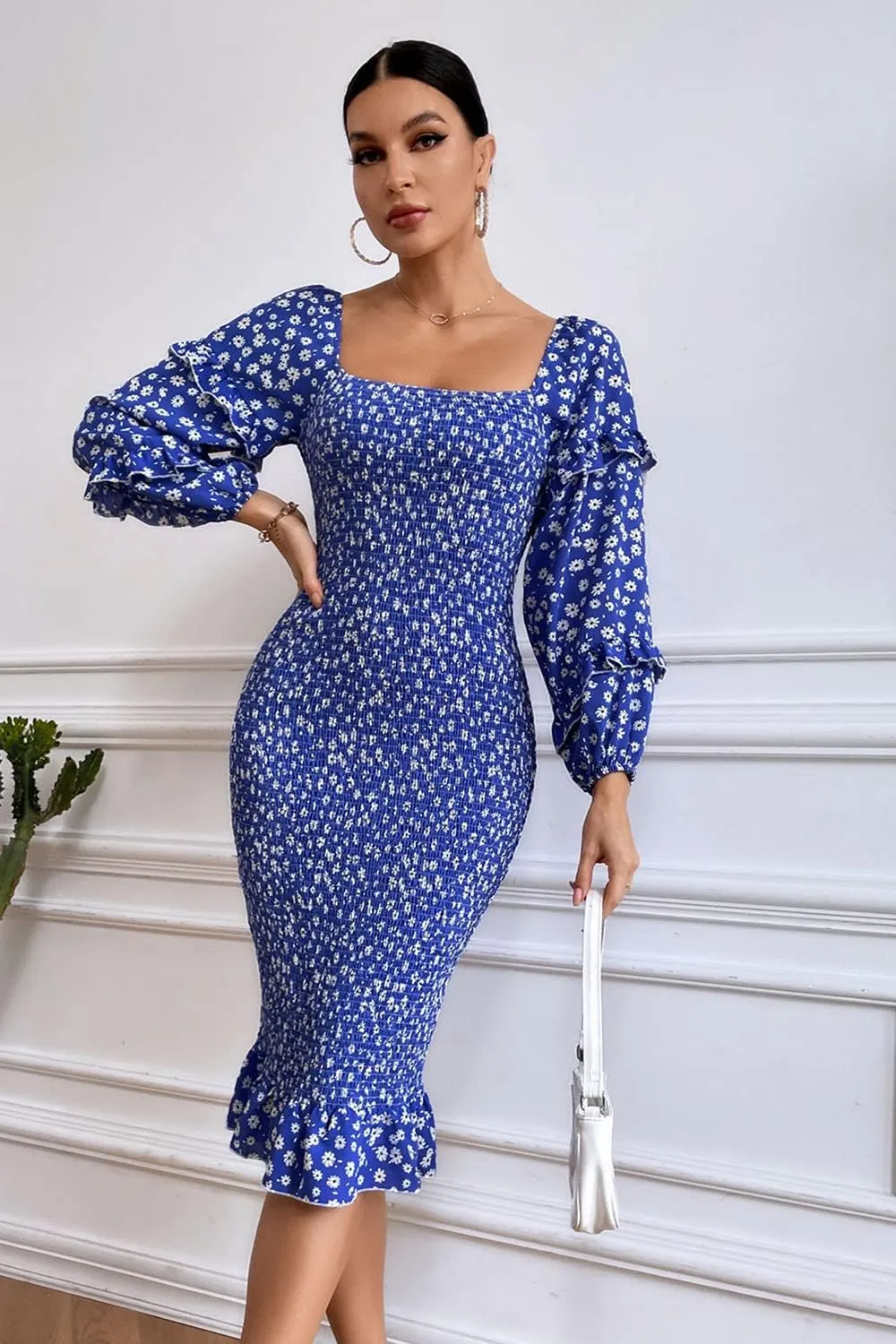 PRETTYGARDEN Women's Long Puff Sleeve Floral Midi Bodycon Dresses Square Neck Ruffle Mermaid Smocked Dress