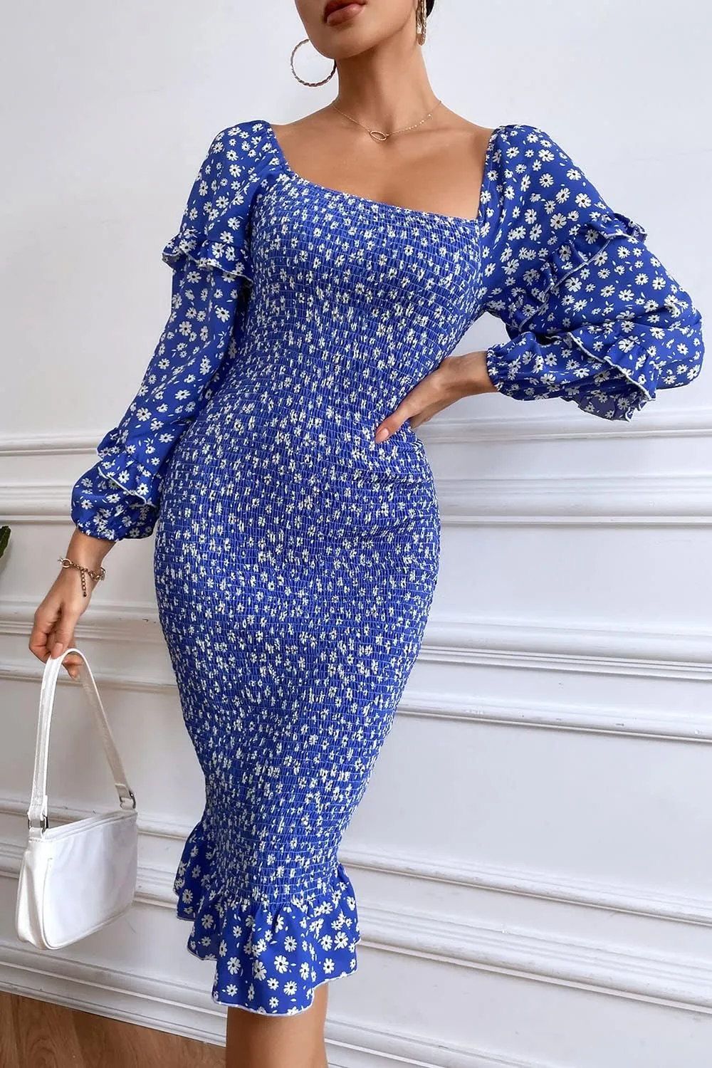 PRETTYGARDEN Women's Long Puff Sleeve Floral Midi Bodycon Dresses Square Neck Ruffle Mermaid Smocked Dress
