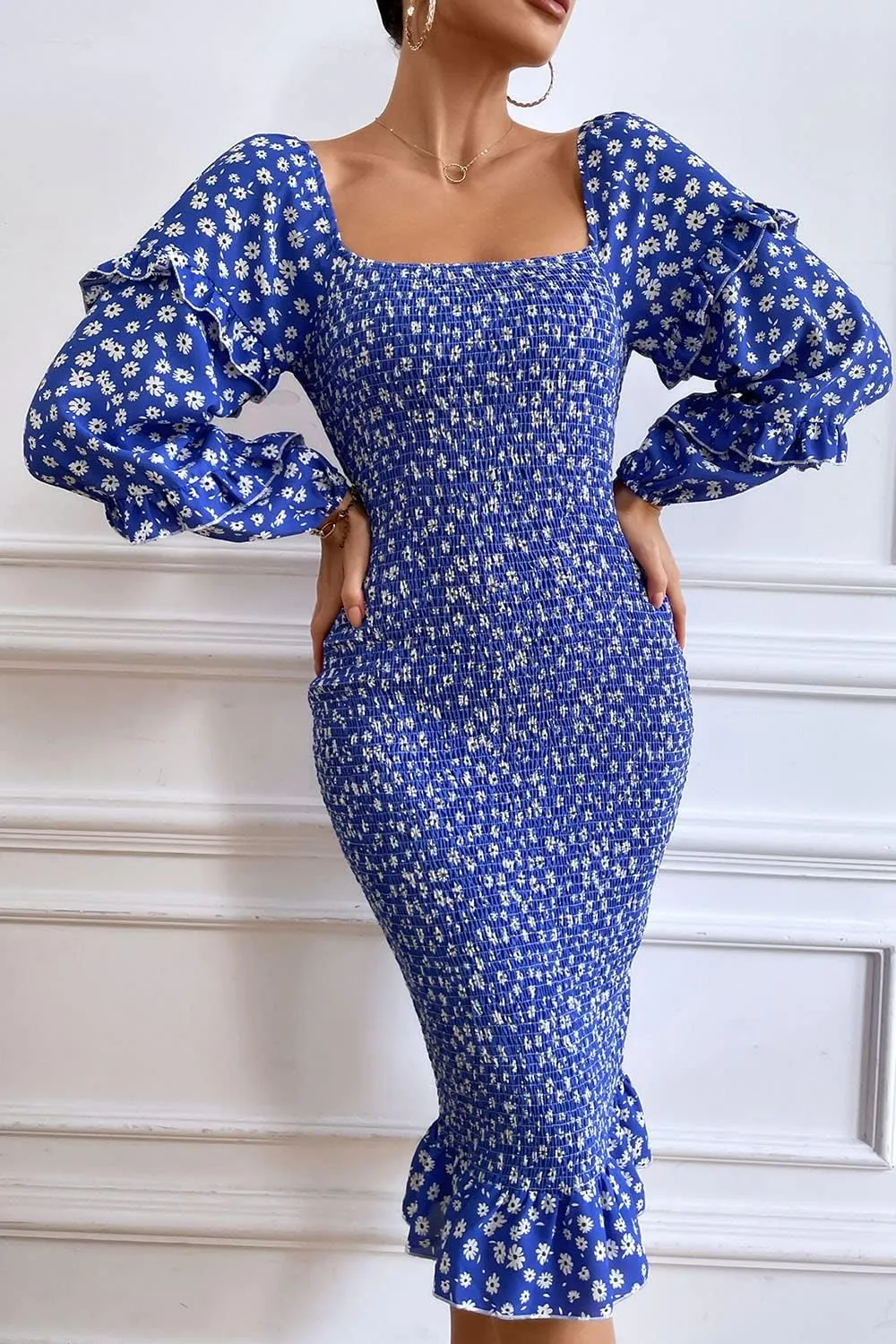 PRETTYGARDEN Women's Long Puff Sleeve Floral Midi Bodycon Dresses Square Neck Ruffle Mermaid Smocked Dress