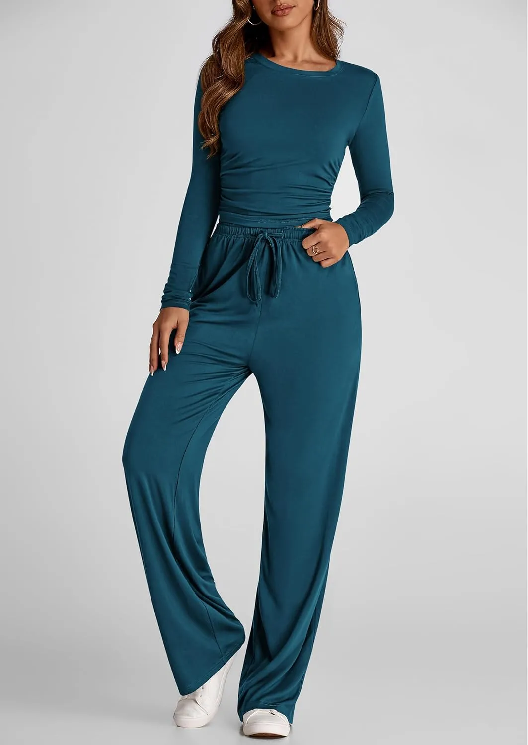 PRETTYGARDEN Women's Spring Fall Two Piece Outfits Tracksuits Long Sleeve Crop Tee Shirts Wide Leg Pants Matching Lounge Sets