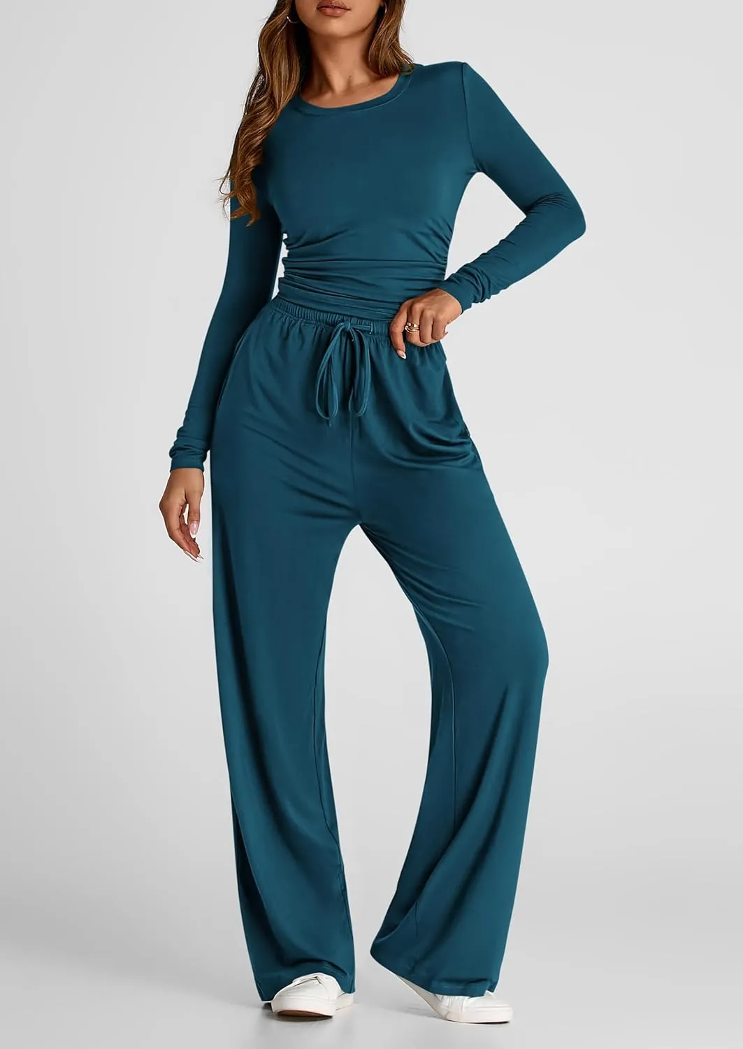 PRETTYGARDEN Women's Spring Fall Two Piece Outfits Tracksuits Long Sleeve Crop Tee Shirts Wide Leg Pants Matching Lounge Sets