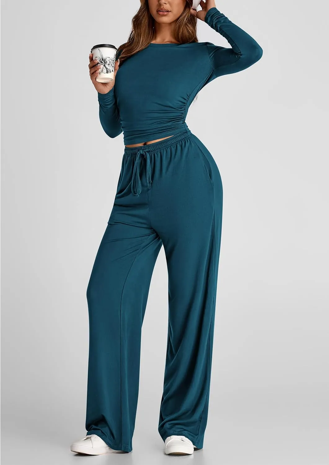 PRETTYGARDEN Women's Spring Fall Two Piece Outfits Tracksuits Long Sleeve Crop Tee Shirts Wide Leg Pants Matching Lounge Sets