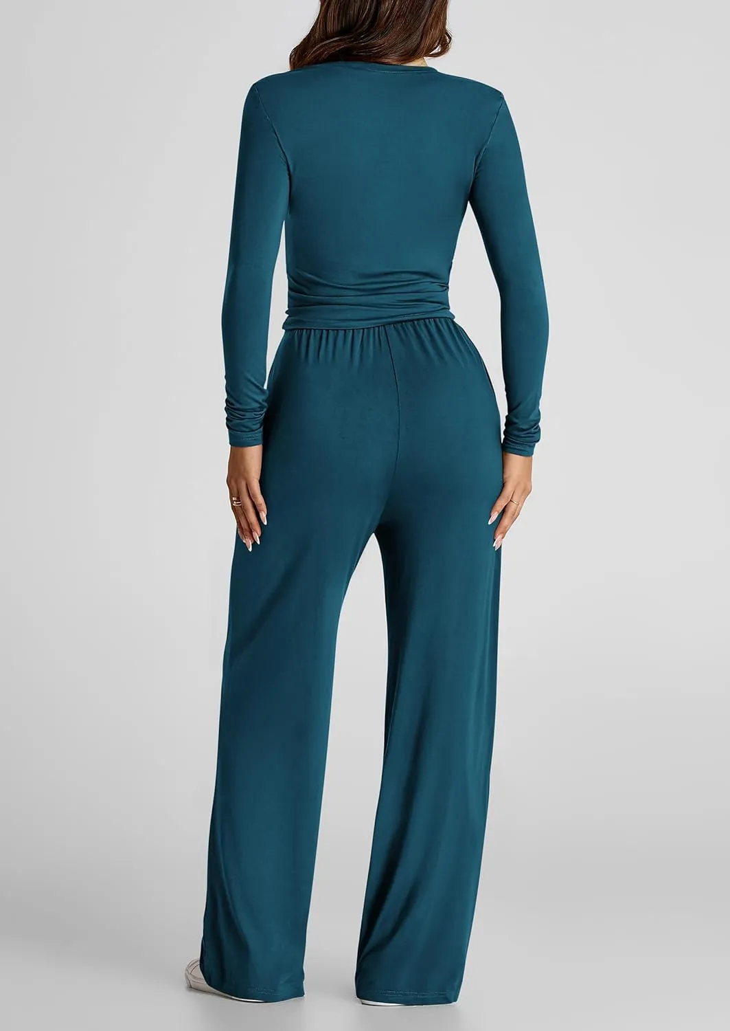 PRETTYGARDEN Women's Spring Fall Two Piece Outfits Tracksuits Long Sleeve Crop Tee Shirts Wide Leg Pants Matching Lounge Sets