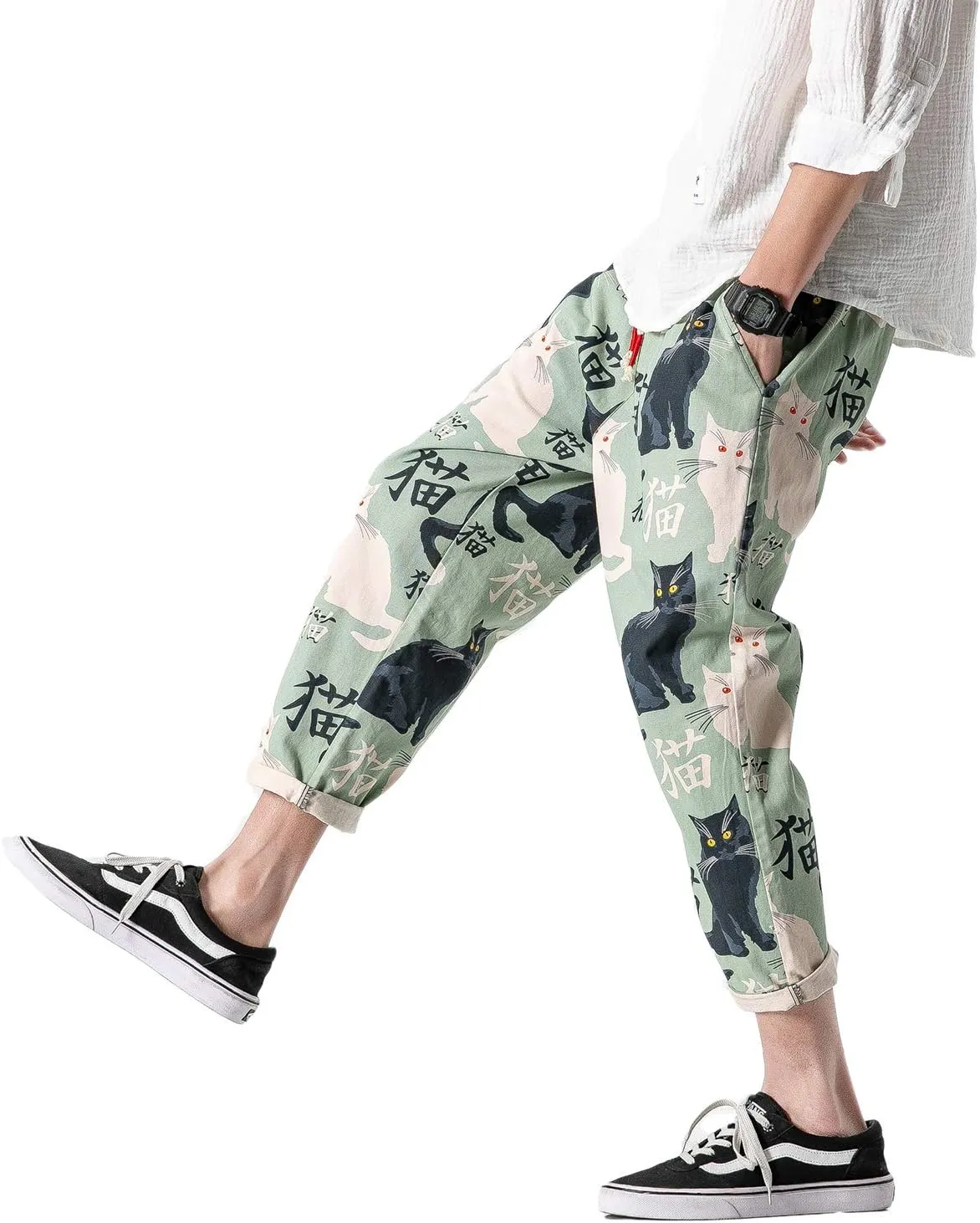 PRIJOUHE Men's Casual Capri Pants Elastic Waist Wide Leg Loose Baggy Harem Pants Breathable Summer Beach Pants
