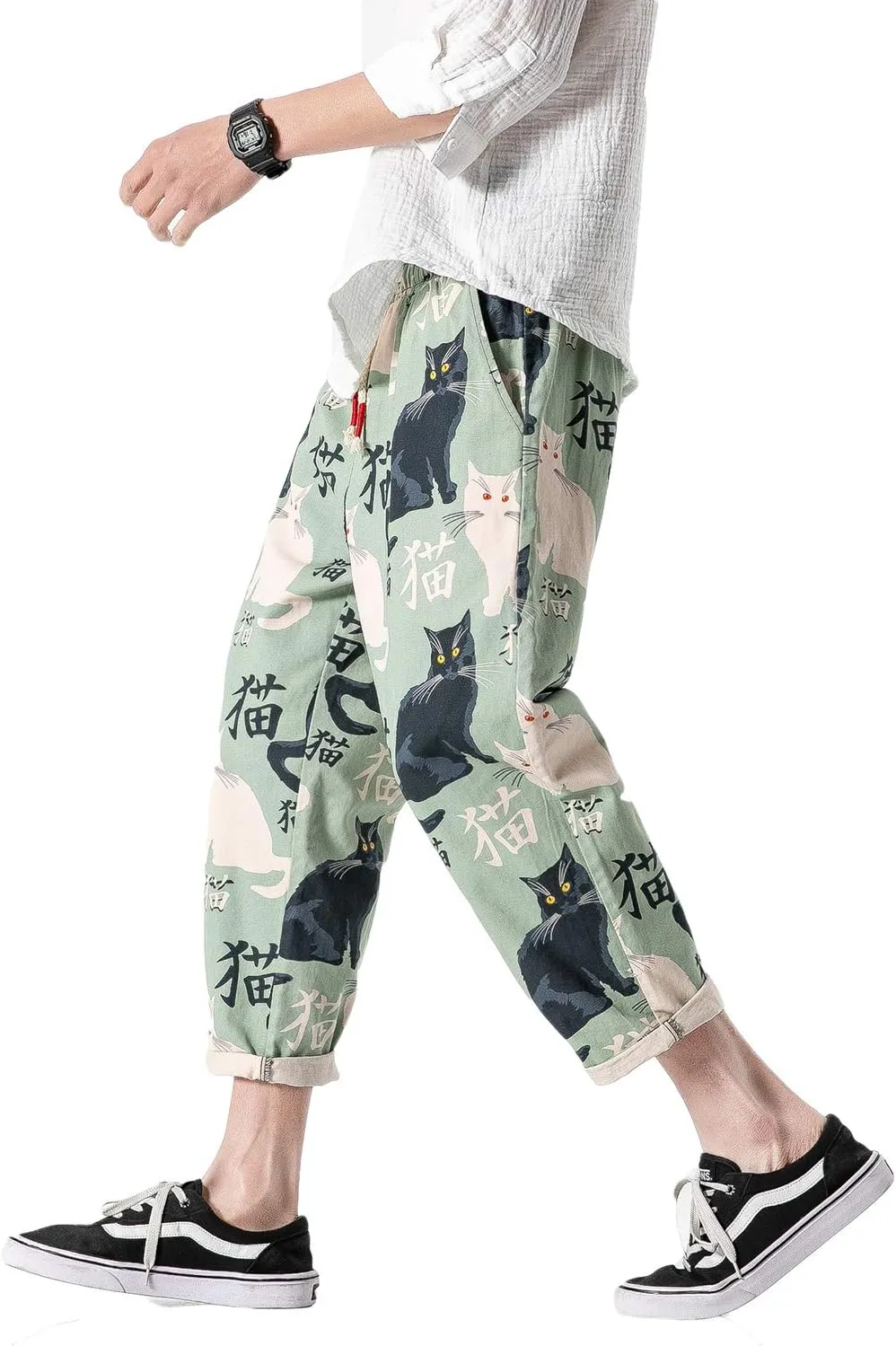 PRIJOUHE Men's Casual Capri Pants Elastic Waist Wide Leg Loose Baggy Harem Pants Breathable Summer Beach Pants
