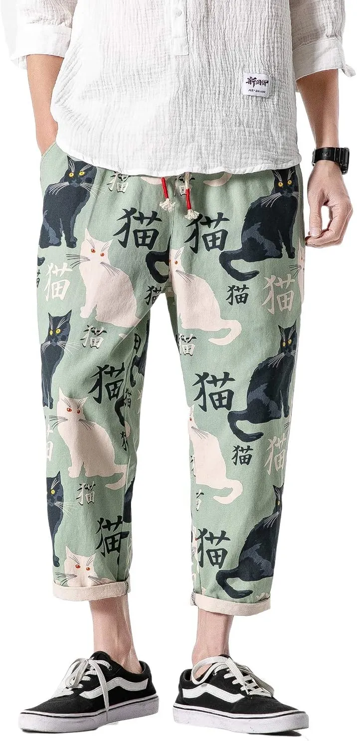 PRIJOUHE Men's Casual Capri Pants Elastic Waist Wide Leg Loose Baggy Harem Pants Breathable Summer Beach Pants