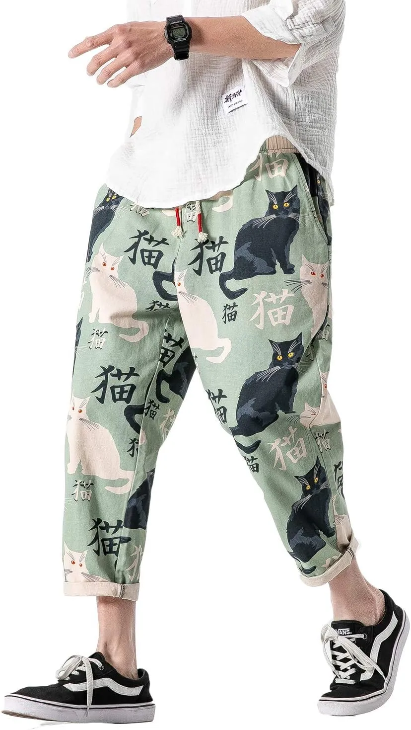 PRIJOUHE Men's Casual Capri Pants Elastic Waist Wide Leg Loose Baggy Harem Pants Breathable Summer Beach Pants