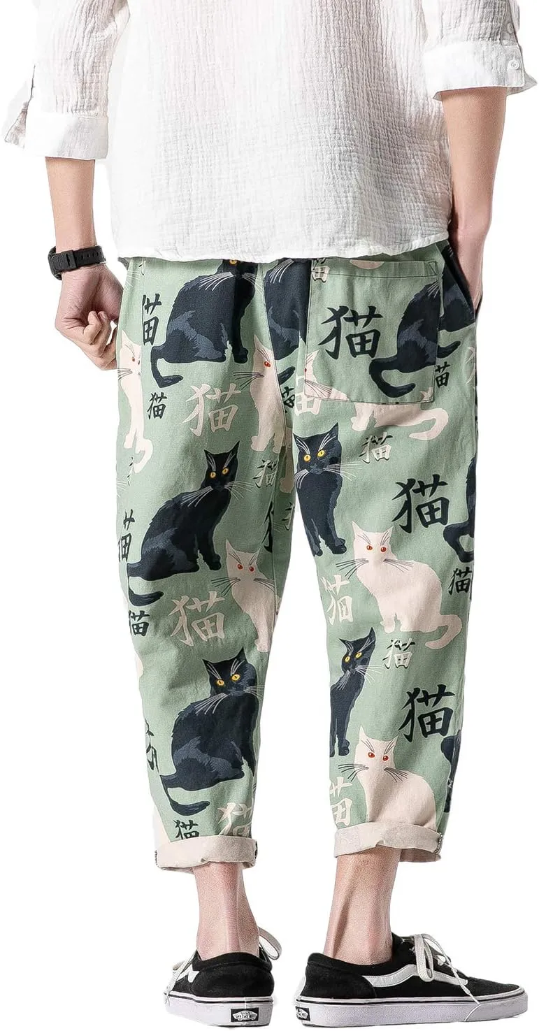 PRIJOUHE Men's Casual Capri Pants Elastic Waist Wide Leg Loose Baggy Harem Pants Breathable Summer Beach Pants