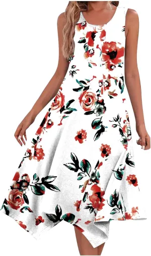 Prime Big Day Deals Women's Hankerchief Hem Maxi Tank Dresses Summer Sleeveless Crew Neck Sundress Casual Ruffle A-Line Boho Dress Spring Dresses White 2X