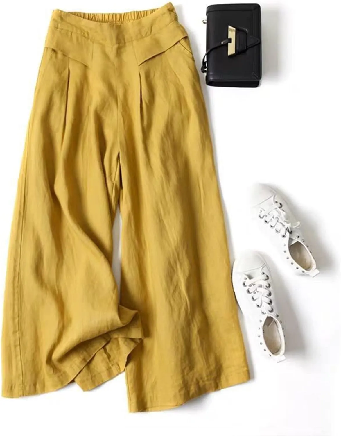 PTOLOCIF Cotton Linen Pants for Women Baggy Wide Leg Trousers Casual Patchwark Elastic Waist Harem Linen Pants with Pcokets