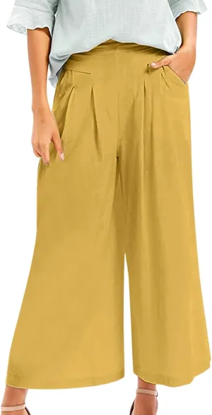 PTOLOCIF Cotton Linen Pants for Women Baggy Wide Leg Trousers Casual Patchwark Elastic Waist Harem Linen Pants with Pcokets