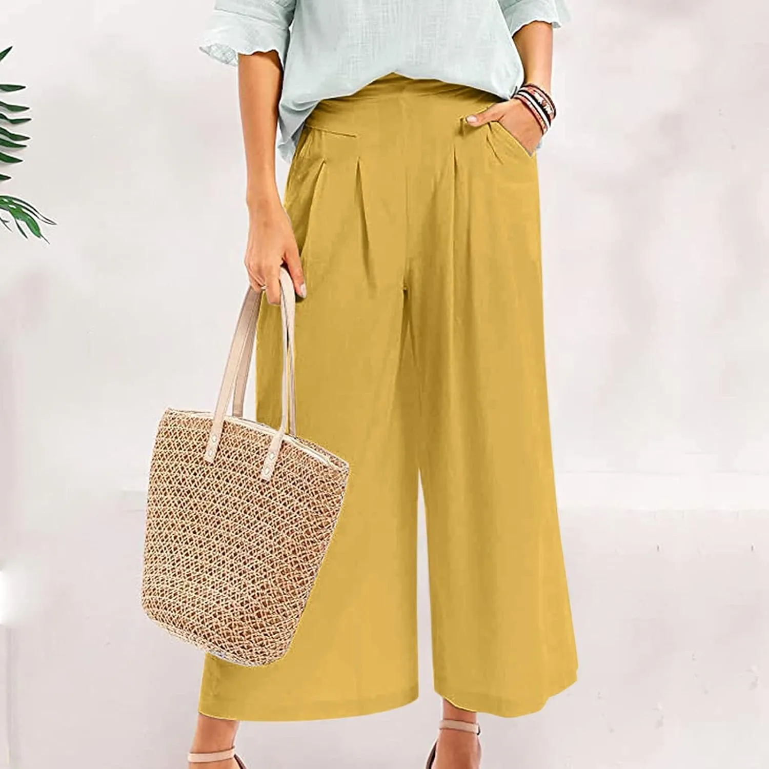 PTOLOCIF Cotton Linen Pants for Women Baggy Wide Leg Trousers Casual Patchwark Elastic Waist Harem Linen Pants with Pcokets