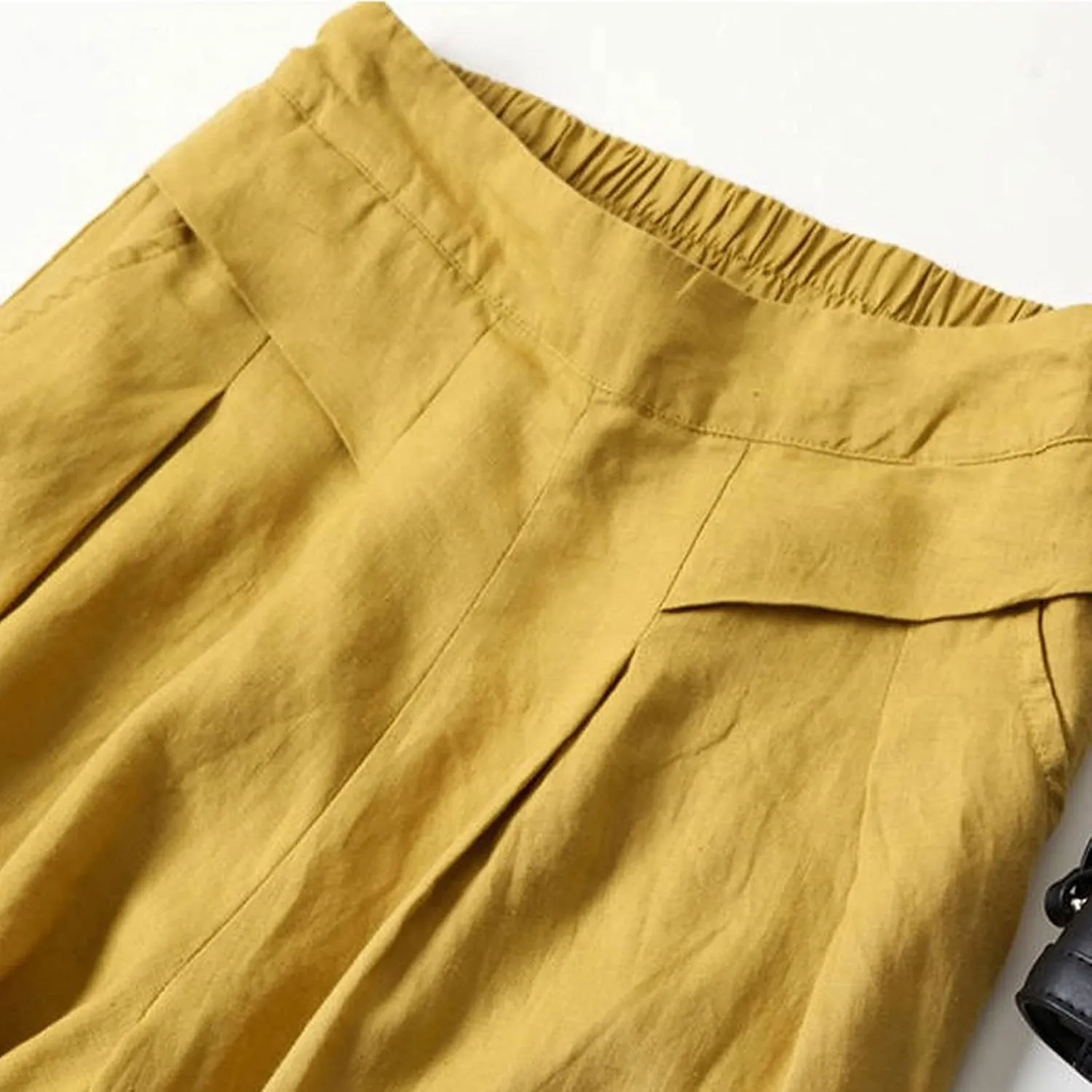 PTOLOCIF Cotton Linen Pants for Women Baggy Wide Leg Trousers Casual Patchwark Elastic Waist Harem Linen Pants with Pcokets