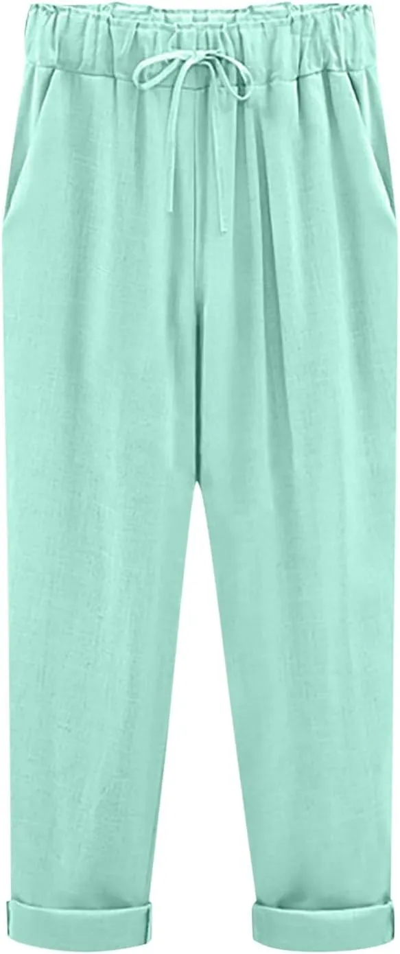 PTOLOCIF Cotton Linen Pants for Women Summer Baggy Boho Casual Palazzo Pants Wide Leg Long Lounge Trousers with Pockets