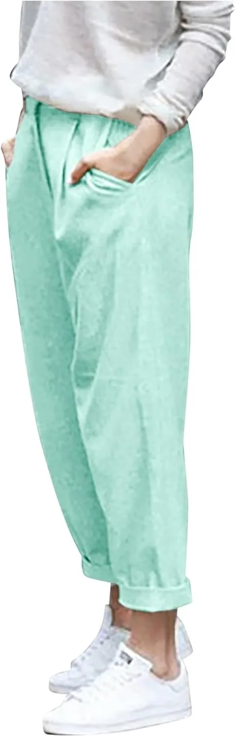 PTOLOCIF Cotton Linen Pants for Women Summer Baggy Boho Casual Palazzo Pants Wide Leg Long Lounge Trousers with Pockets