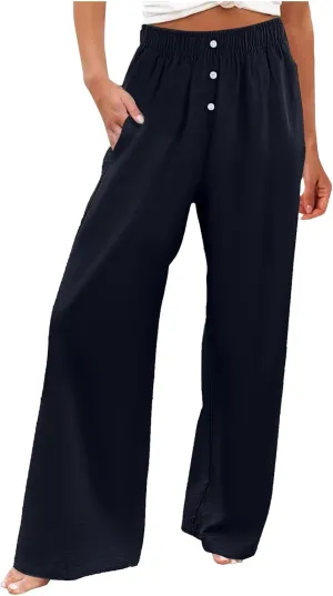 PTOLOCIF Cotton Linen Pants for Women Summer Drawstring Elastic Waist Pants Wide Leg Cropped Lounge Trousers with Pockets