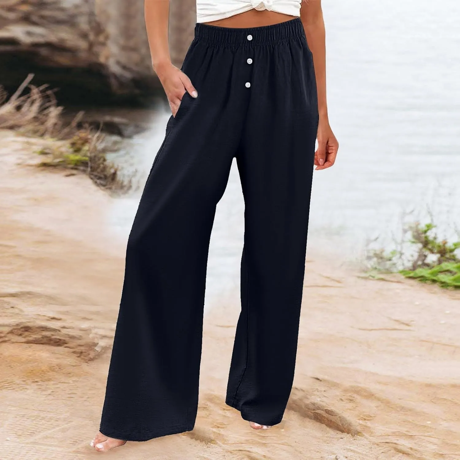 PTOLOCIF Cotton Linen Pants for Women Summer Drawstring Elastic Waist Pants Wide Leg Cropped Lounge Trousers with Pockets
