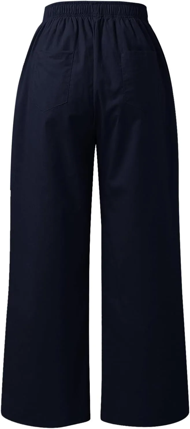 PTOLOCIF Cotton Linen Pants for Women Summer Drawstring Elastic Waist Pants Wide Leg Cropped Lounge Trousers with Pockets