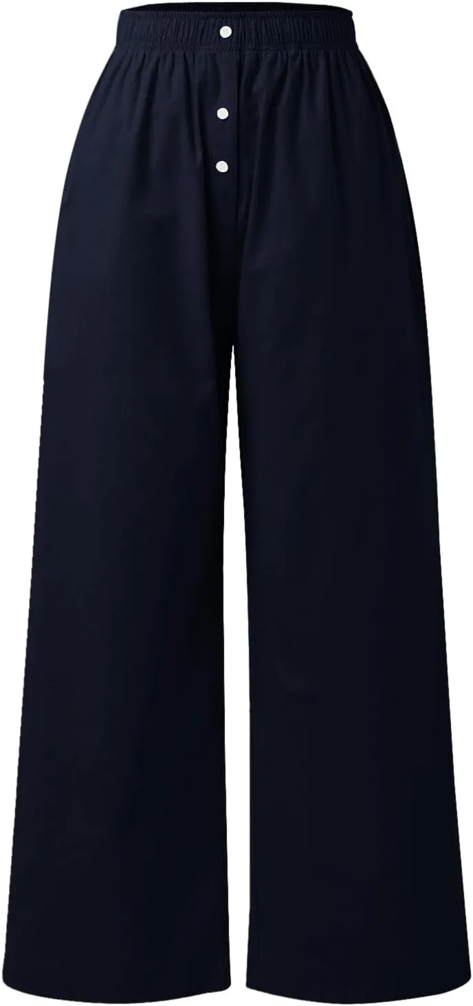 PTOLOCIF Cotton Linen Pants for Women Summer Drawstring Elastic Waist Pants Wide Leg Cropped Lounge Trousers with Pockets