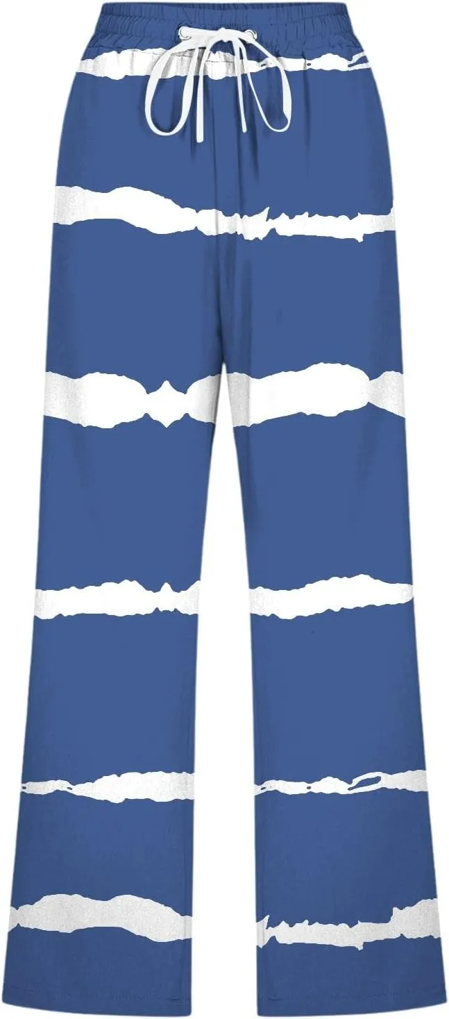 PTOLOCIF Linen Pants for Women Straight Leg Pant Elastic Drawstring Casual Trousers with Pockets Summer Beach Lounge Pants