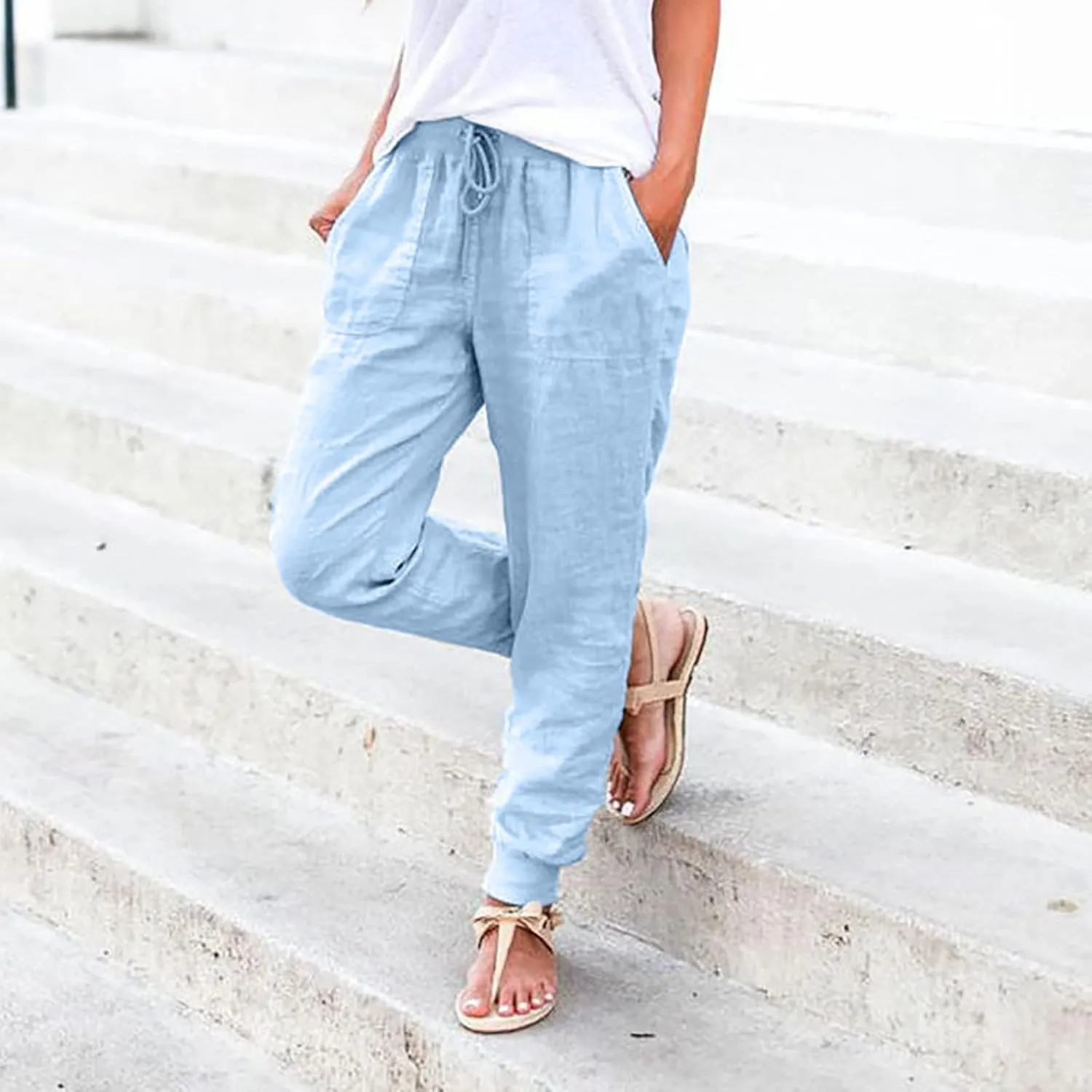 PTOLOCIF Women's Cotton Linen Pants Drawstring Back Elastic Waist Pants High Waist Casual Lounge Trousers with Pockets