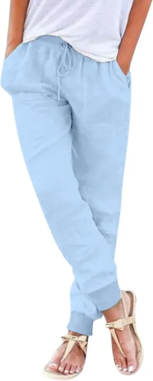 PTOLOCIF Women's Cotton Linen Pants Drawstring Back Elastic Waist Pants High Waist Casual Lounge Trousers with Pockets
