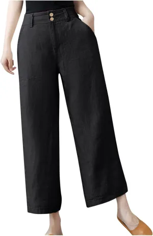 PTOLOCIF Women's Cotton Linen Pants Summer Drawstring Elastic Waist Pants Wide Leg Cropped Lounge Trousers with Pockets