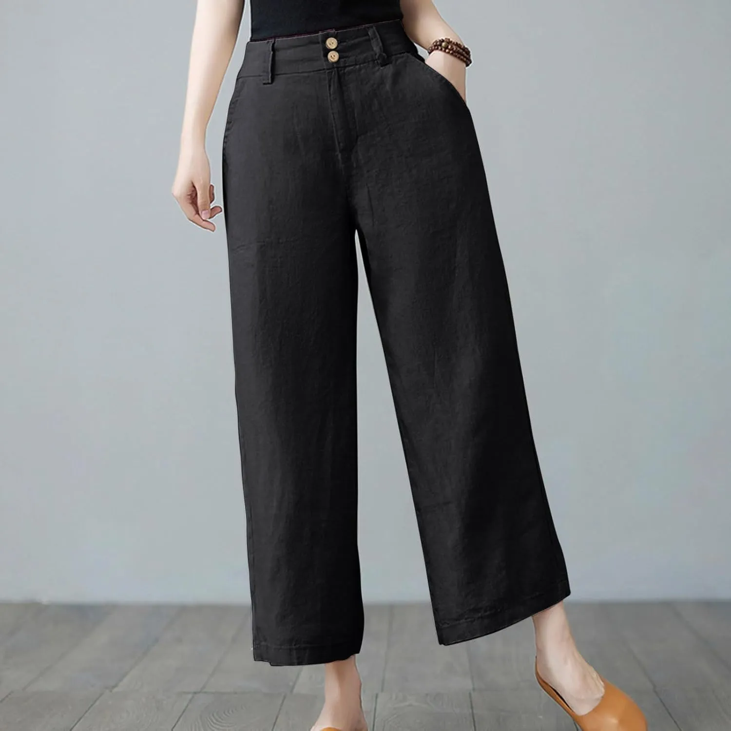 PTOLOCIF Women's Cotton Linen Pants Summer Drawstring Elastic Waist Pants Wide Leg Cropped Lounge Trousers with Pockets