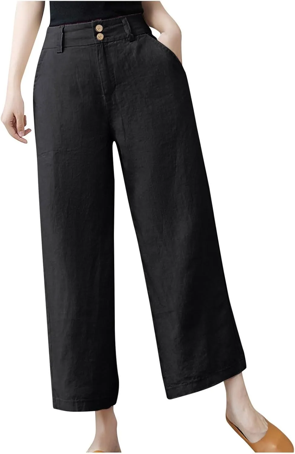 PTOLOCIF Women's Cotton Linen Pants Summer Drawstring Elastic Waist Pants Wide Leg Cropped Lounge Trousers with Pockets