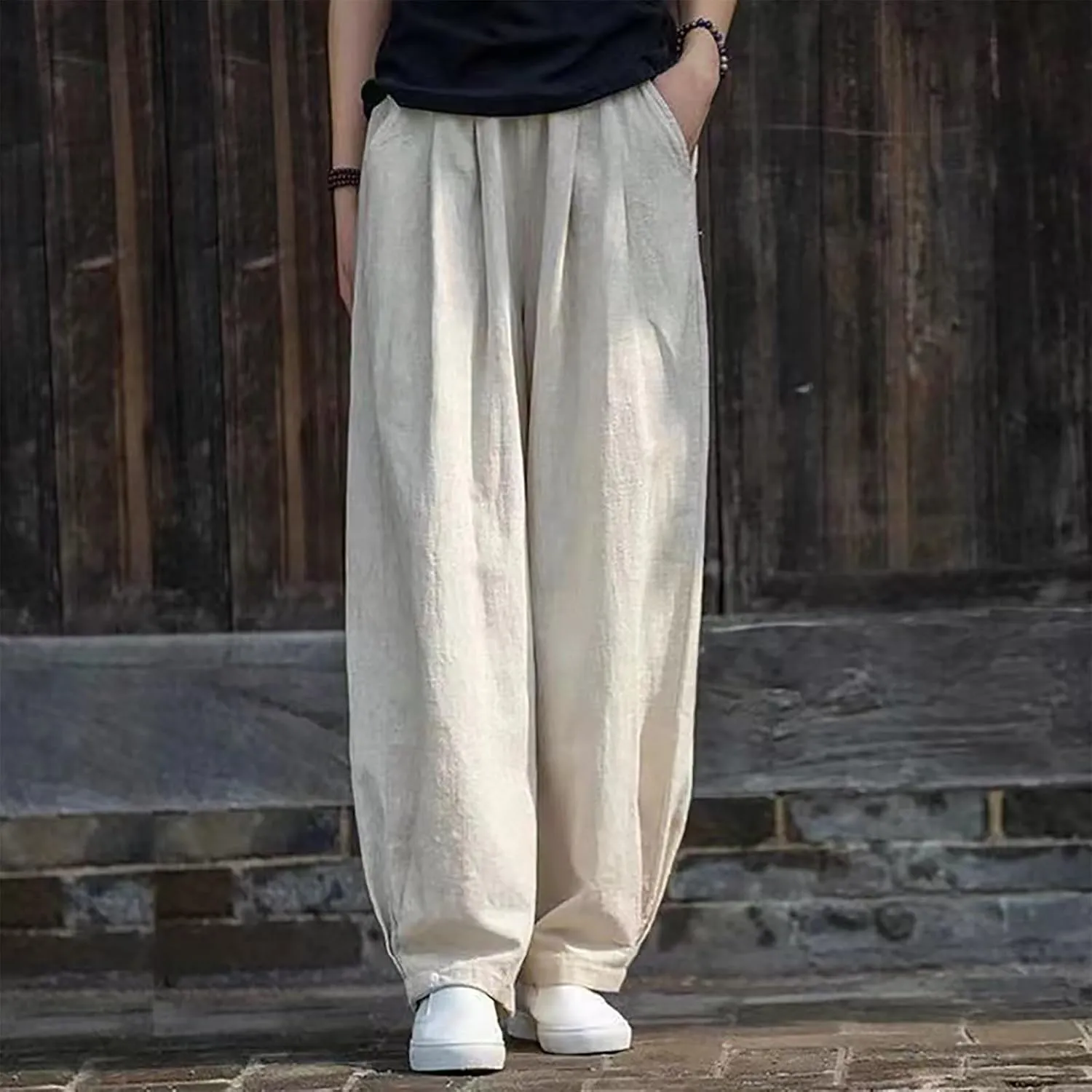 PTOLOCIF Womens Linen Pants Summer Wide Leg Casual Loose Pants High Waist Drawstring Palazzo Capris Trousers with Pockets