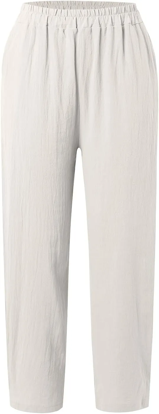 PTOLOCIF Womens Linen Pants Summer Wide Leg Casual Loose Pants High Waist Drawstring Palazzo Capris Trousers with Pockets