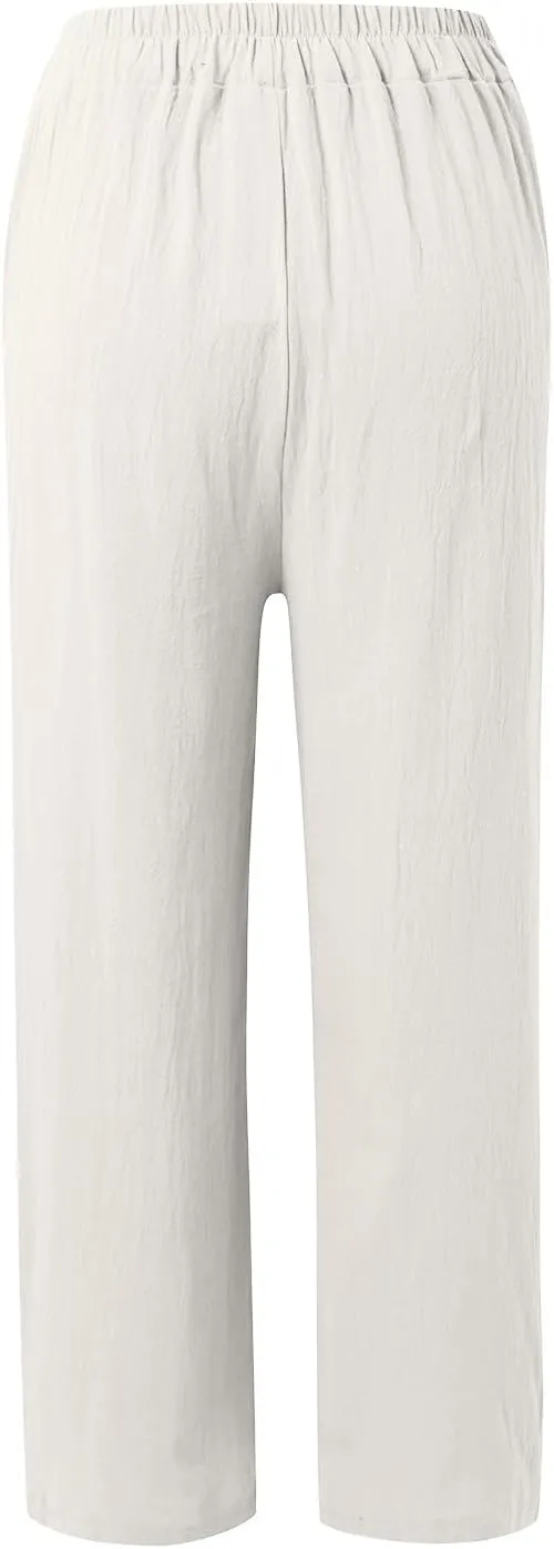 PTOLOCIF Womens Linen Pants Summer Wide Leg Casual Loose Pants High Waist Drawstring Palazzo Capris Trousers with Pockets