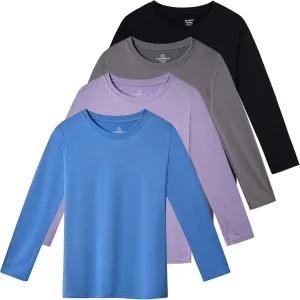 Real Essentials 4 Pack: Girls Dry-Fit Long Sleeve Active Crew Neck T-Shirt - Super Soft Tee