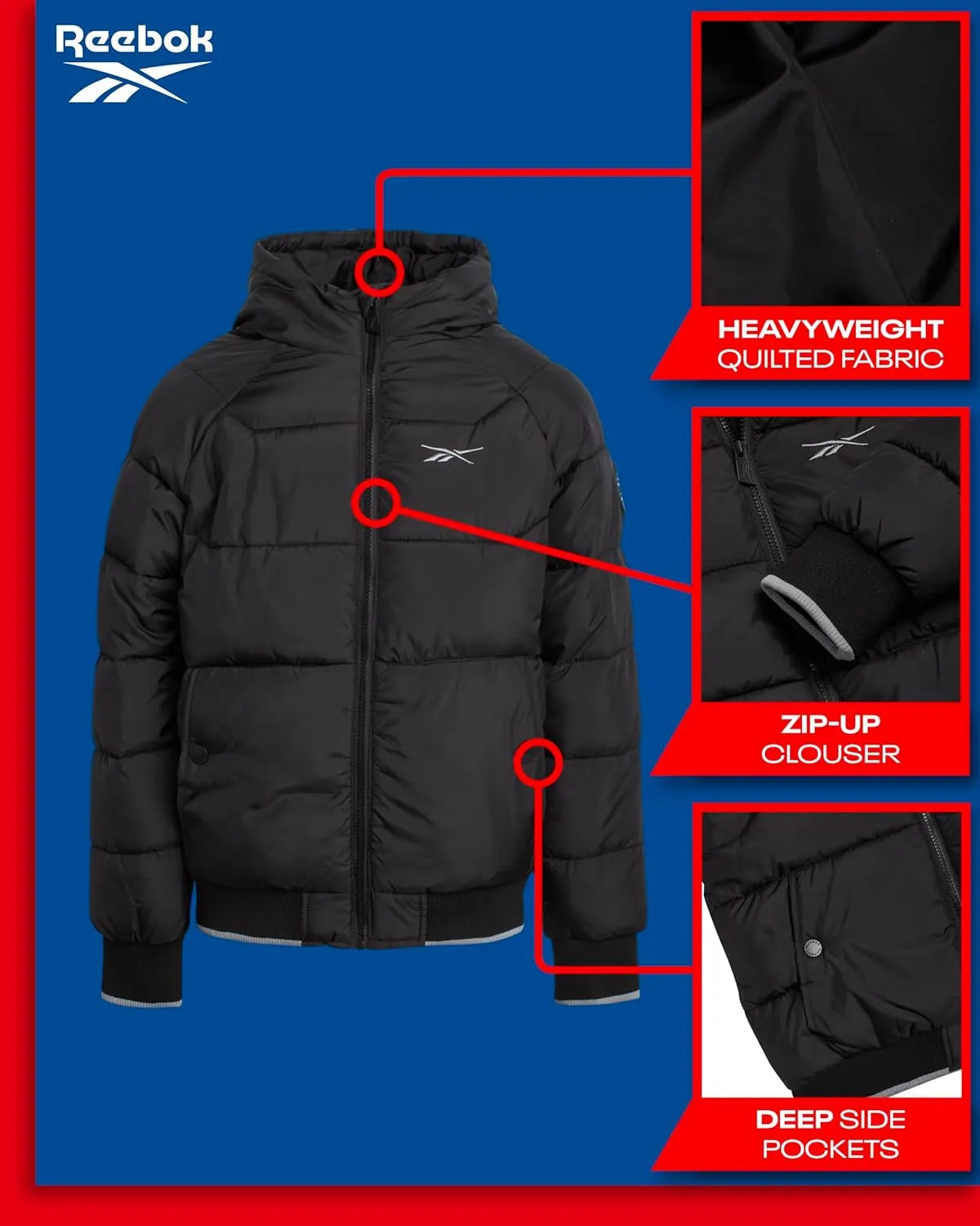 Reebok Boys' Winter Coat - Heavyweight Full Zip Up Quilted Puffer Snow Parka - Weather Resistant Ski Jacket for Boys (8-20)
