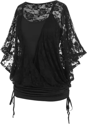 Rosegal Women Plus Size Cinched Ruched Batwing Sleeves Lace 2 in 1 Tee Blouson Top