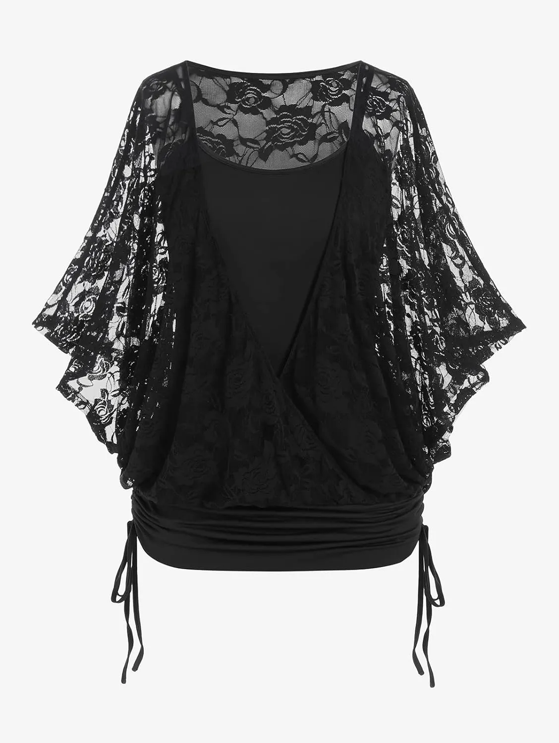 Rosegal Women Plus Size Cinched Ruched Batwing Sleeves Lace 2 in 1 Tee Blouson Top